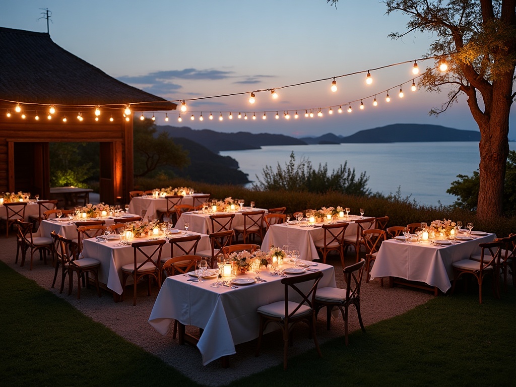 Empty open-air banquet setup at dusk facing the Flores coastline