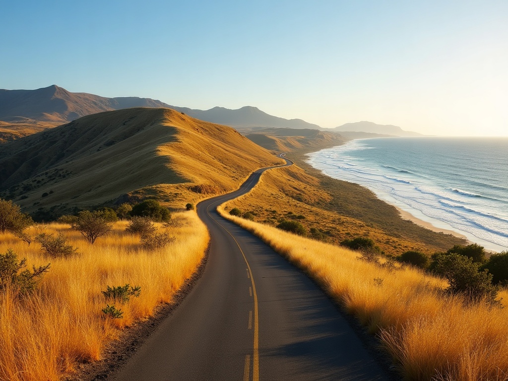 Coastal access road winding through Flores savanna hills toward Golo Mori