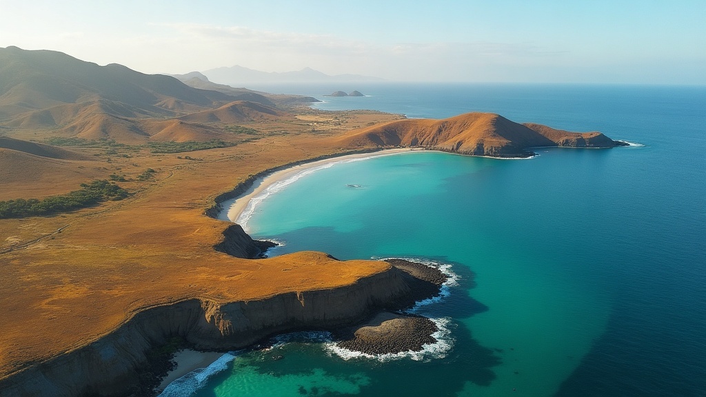 Aerial view of Golo Mori's savanna hills meeting a turquoise bay on southern Flores